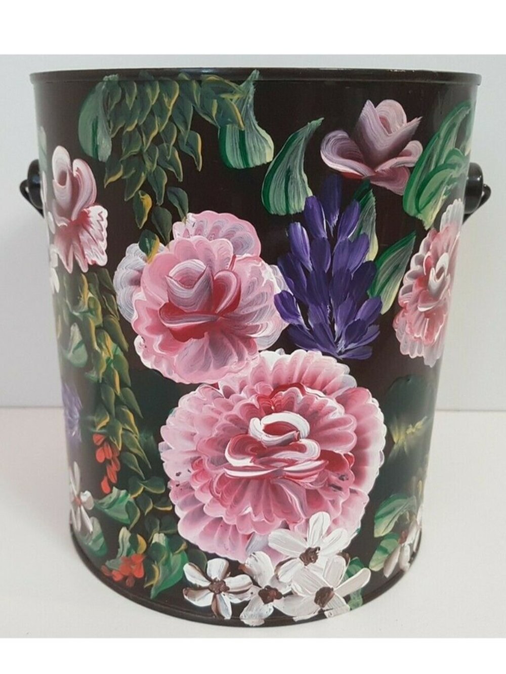 Hand Painted Toleware Floral Metal Pail Pink Roses Folk Art Planter Vintage